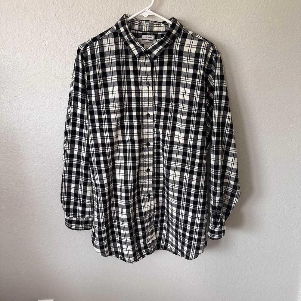 LL Bean Flannel Shirt XL Black White Plaid Cotton Button Down Long Sleeve Cabin - Picture 2 of 7